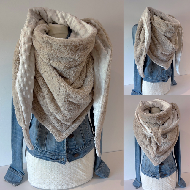 Maxi chèche, châle , écharpe « Happy Elisa Beige Clair 2» doublée en polaire côtelée écru