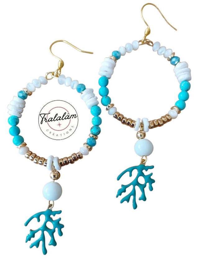 ✨Boucles d&#039;oreilles créoles nacre et corail turquoise✨EVASION(189BO)