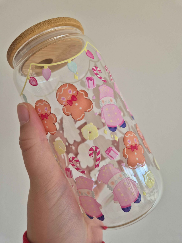 Verre canette avec bouchon et paille - Pink Xmas