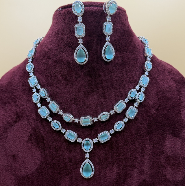 American Diamond (AD) and Mint Green Gemstone Necklace Set