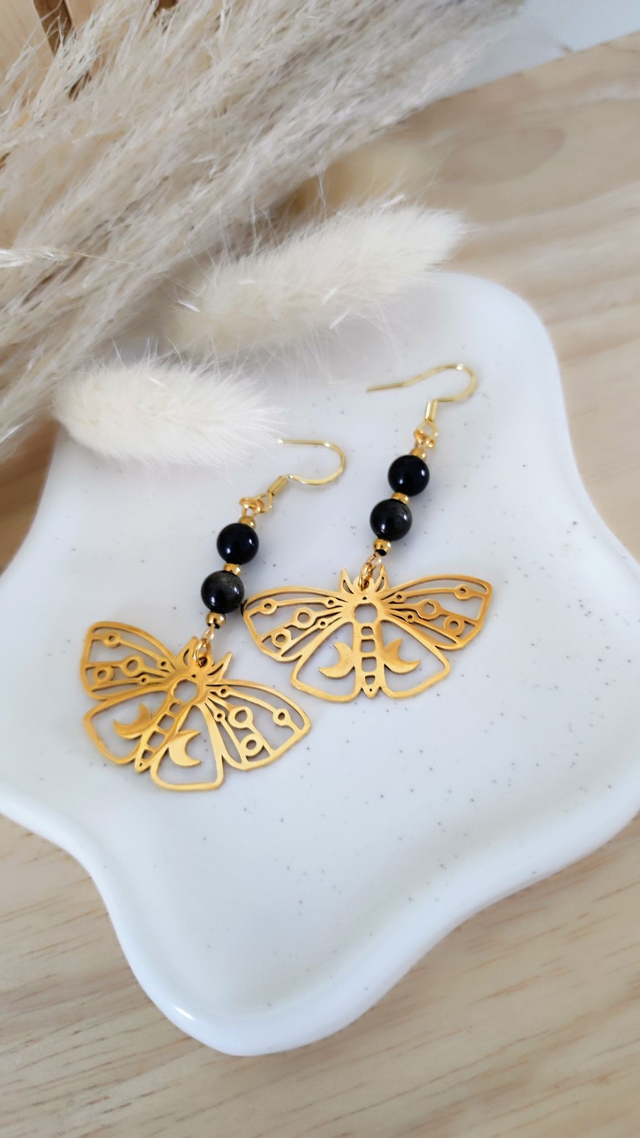 Boucles d'oreilles Fantaisie et Obsidienne dorée
