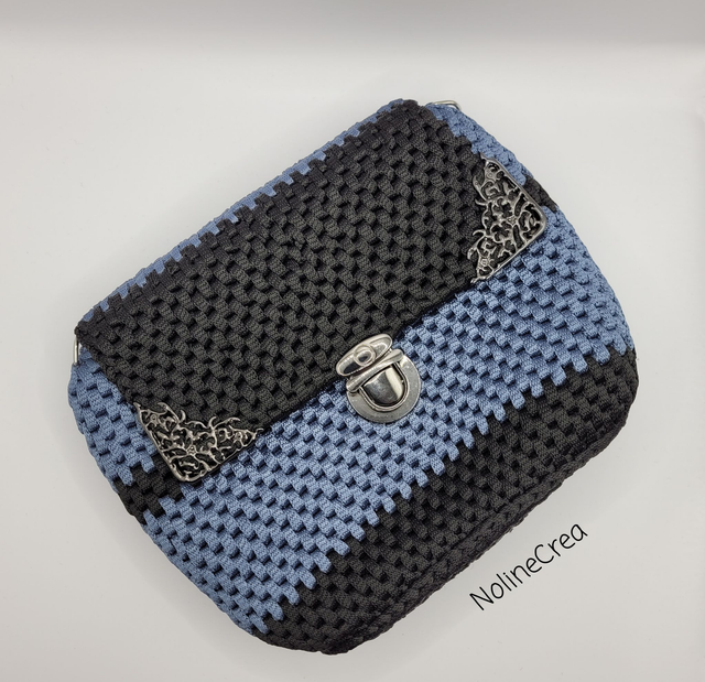 Sac à main noir et bleu gris fait main, sac à main avec bandouilère