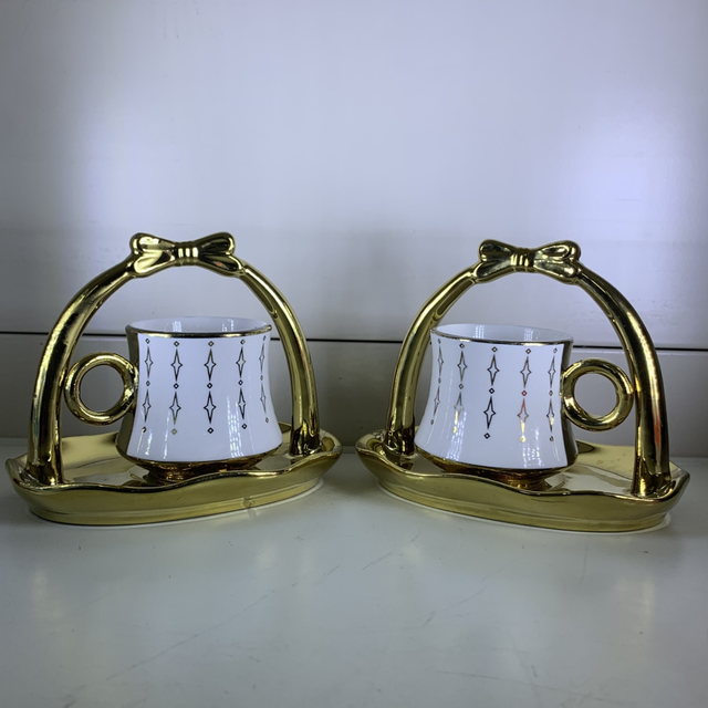 Service à café 6 pièces-doré blanc losanges