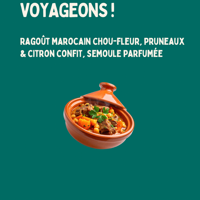 PLAT – Voyageons! / Ragoût marocain chou-fleur, pruneaux & citron confit, semoule parfumée