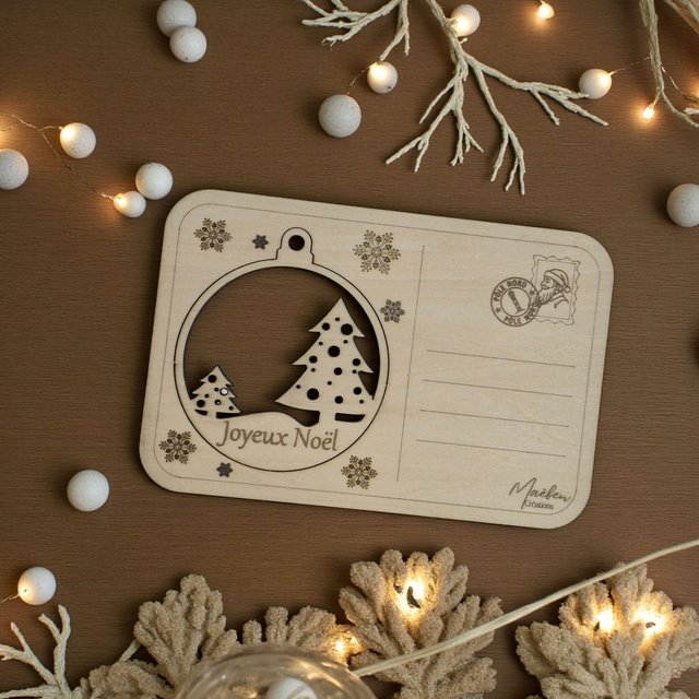 Carte postale avec boule de Noël en bois, gravée et personnalisée - décoration de sapin, déco 2 Sapins