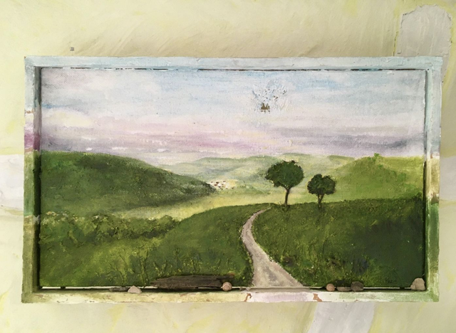 Acrylbild-Landschaftsimpression „Morgen über dem Tal“ Jutekeilrahmen Naturmaterial und Palettenholzrahmen