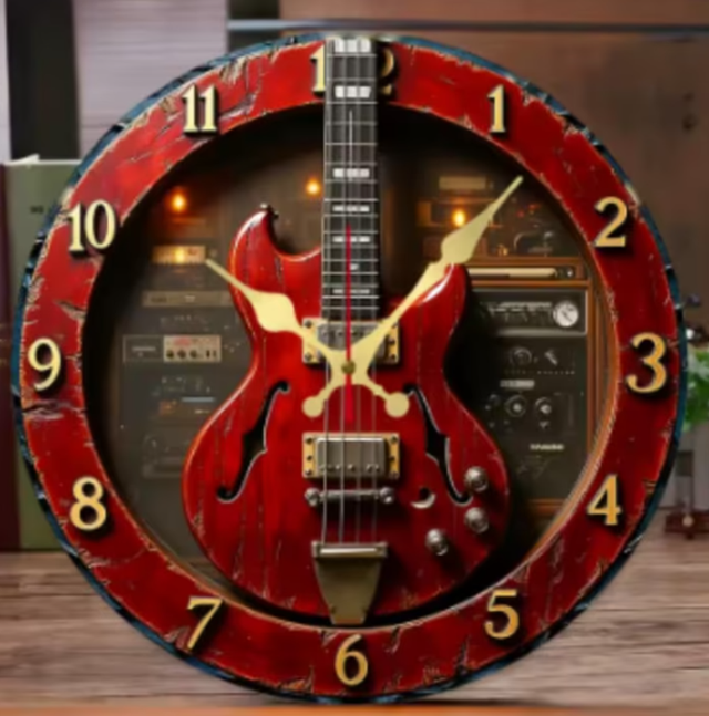 Ronde wandklok van hout analoge Elektrische gitaar (25cm)