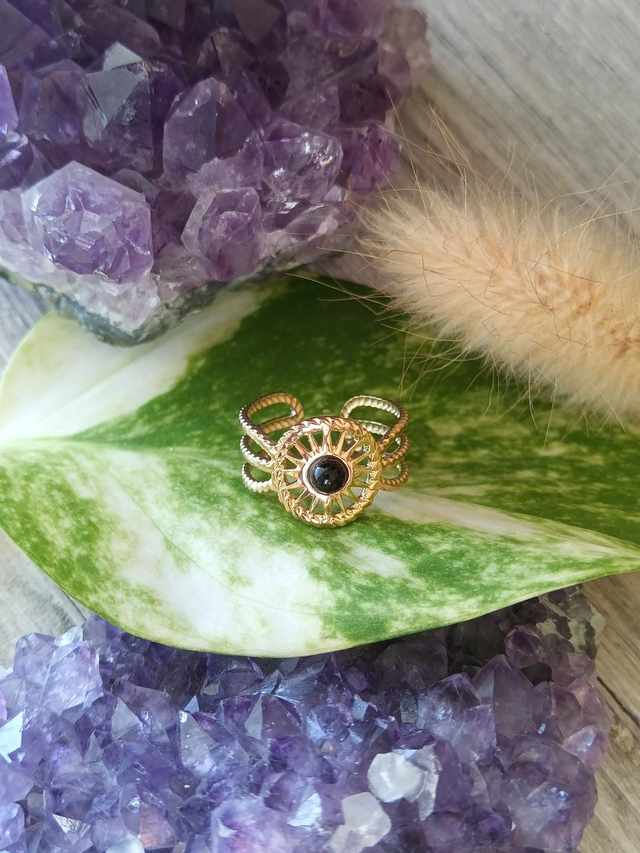 Bague ajustable acier doré, agate noire