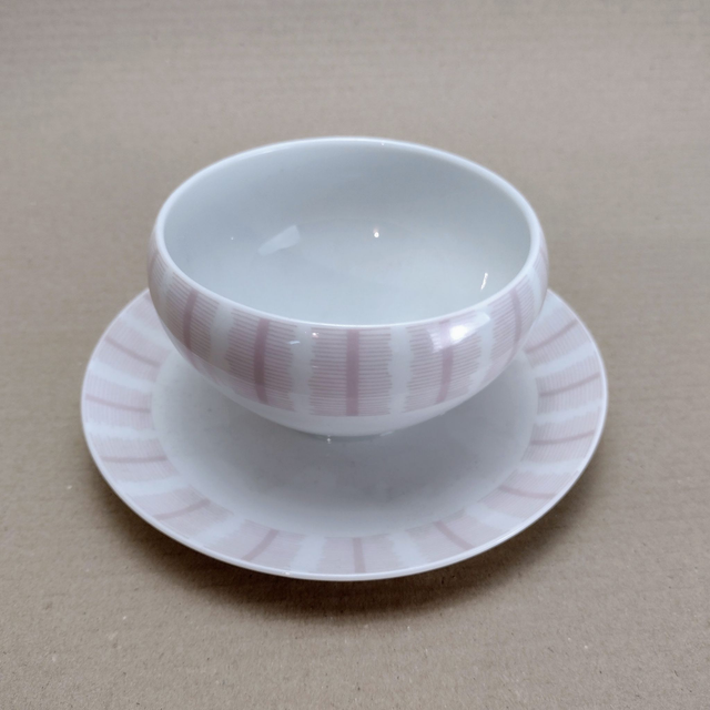 Thomas | Soepkom (diameter 16,5 | hoogte 7,0 cm ) met vaste schotel (diameter 16,5 cm ) Wit met Zachte roze belijning | Vintage