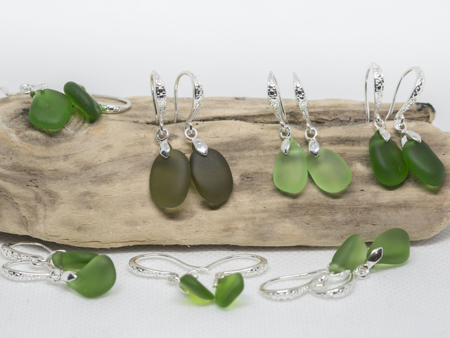 Green sea glass earrings (decorative silver plated hooks)