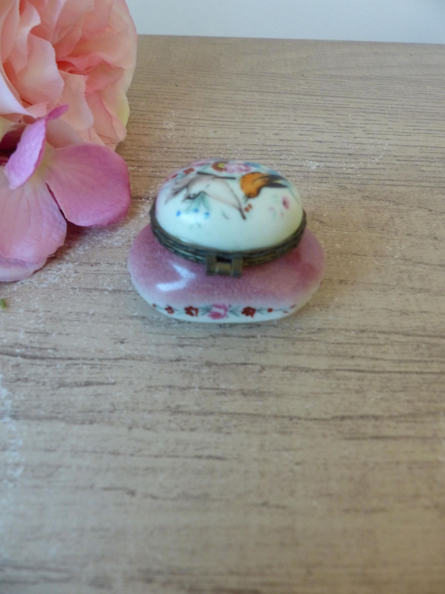 Boite à pilules en porcelaine française rose, mini boite oiseaux et fleurs, pilulier vintage, Collection Porcelaine d'Art, cadeau pour femme