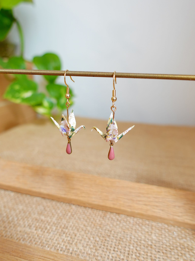 INOX doré / Origami grues, oiseaux / Papier japonais washi / Rose, violet, or / Boucles d'oreilles origami /