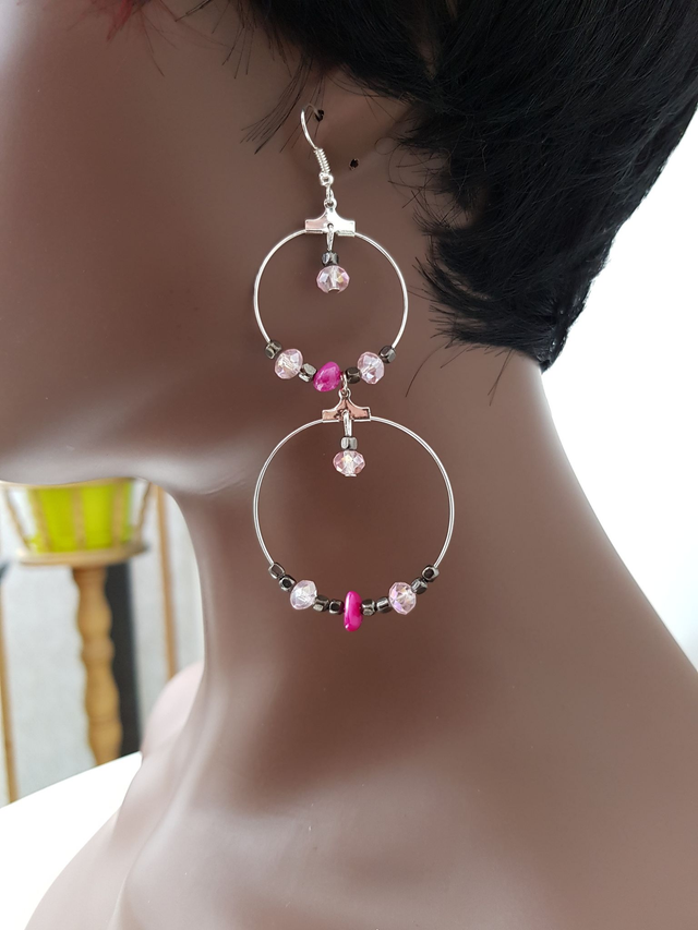 Boucles D'oreilles Creoles Pendentes Argentées Perles De Verre, Hematite et Coquillages
