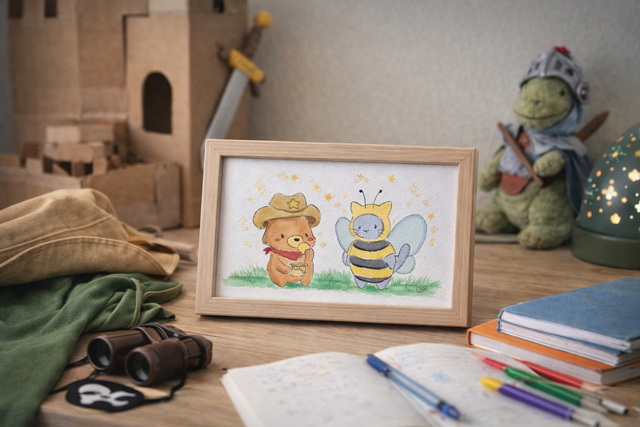 Ourson et chaton déguisés en cow-boy et abeille - Aquarelle originale 10x15 cm