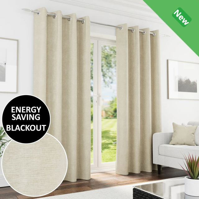 Enhanced Living Knightsbridge Cream 100% Blackout Chenille Readymade Eyelet Curtains