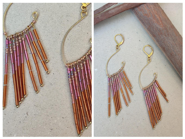 Boucles d'oreilles "automnale"longues perles de verre miyuki ( bruns et rose) acier inoxydable doré -sans nickel pièce unique 