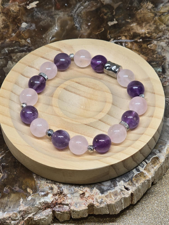 Bracelet Améthyste et Quartz rose en 1 cm