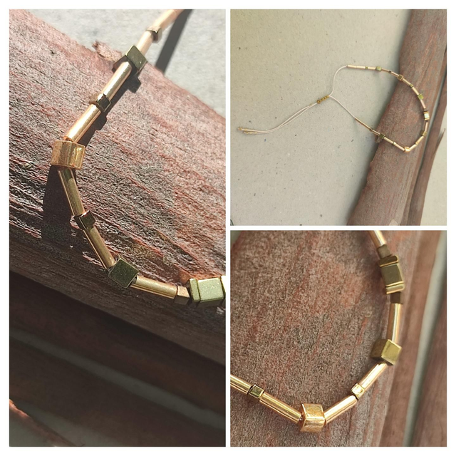 Bracelet carrés en hématite ( pierres naturelles) et verre, réglable et résistant 