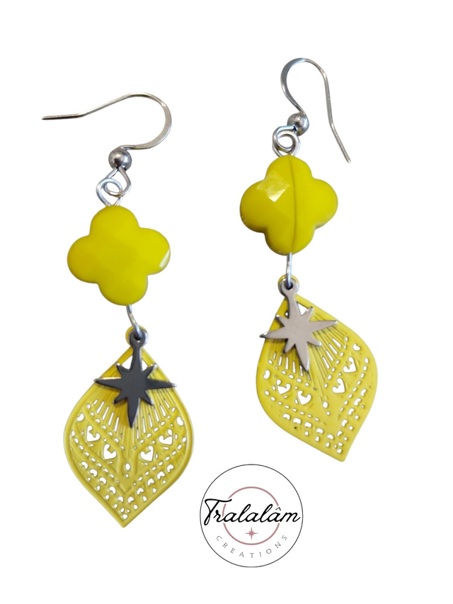 ✨Boucles d'oreilles légères filigranées trèfle jaune étoile argent✨(165BO)
