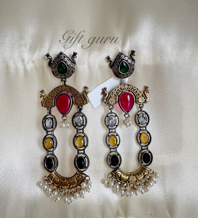 Antique Royal Look Big Earrings with Multi-Colour Stones &amp; Pearls 