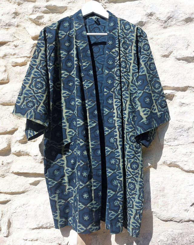 Gilet kimono bleu et vert en coton, teinture naturelle, imprimé à la main, artisanale 