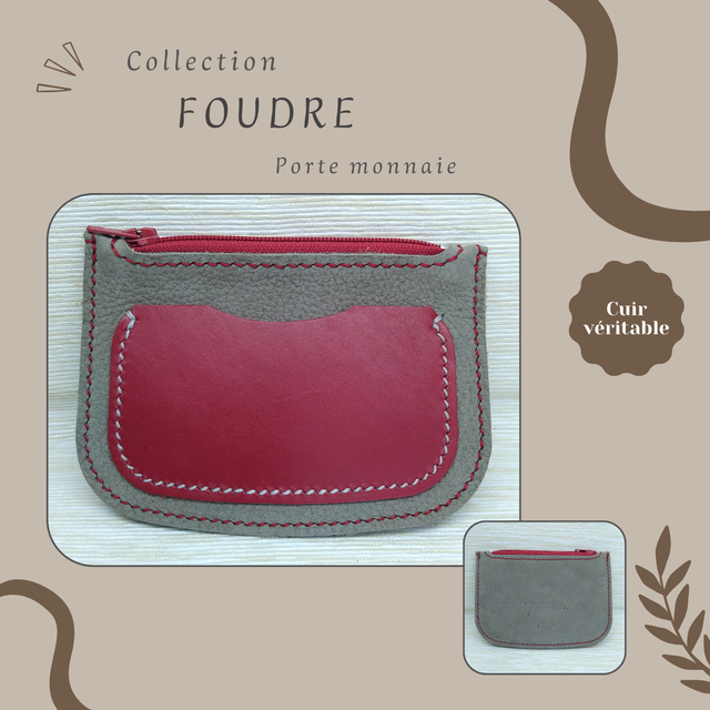 FOUDRE porte monnaie/carte - Gris (nubuck) &amp; rouge