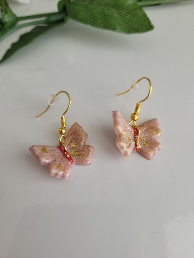 Drop earrings - Pink and gold butterflies