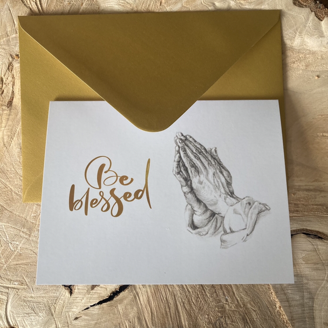 Luxe Christelijke Kerstkaart Be Blessed Biddende Handen | dubbele ansichtkaart met goudkleurige envelop