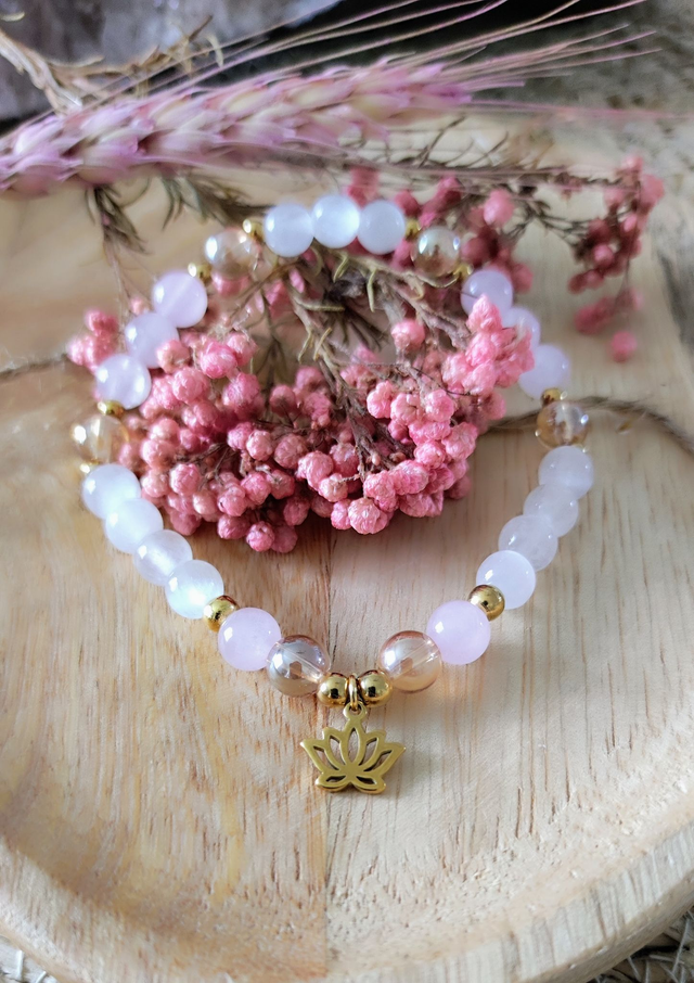 Bracelet "Bien-être" Sélénite, Quartz rose et Quartz Aura