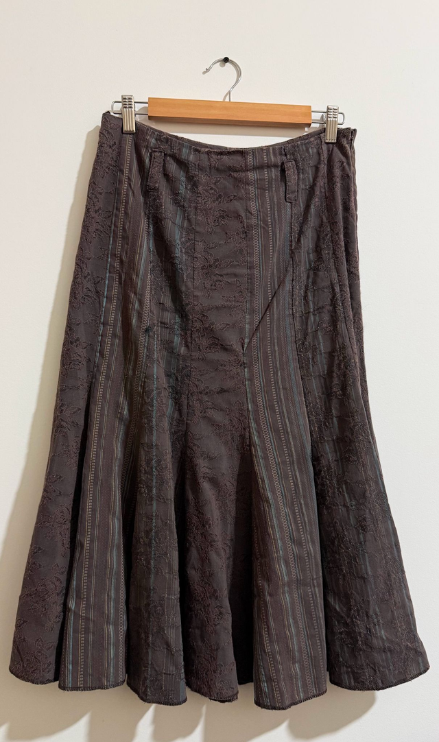 90s Brown Floral Jacquard Midi Skirt - M