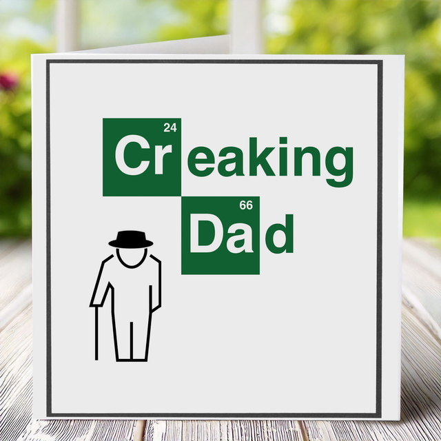 Father’s Day card with a Creaking Dad &amp; Walking Stick theme in vibrant green, framed in black.