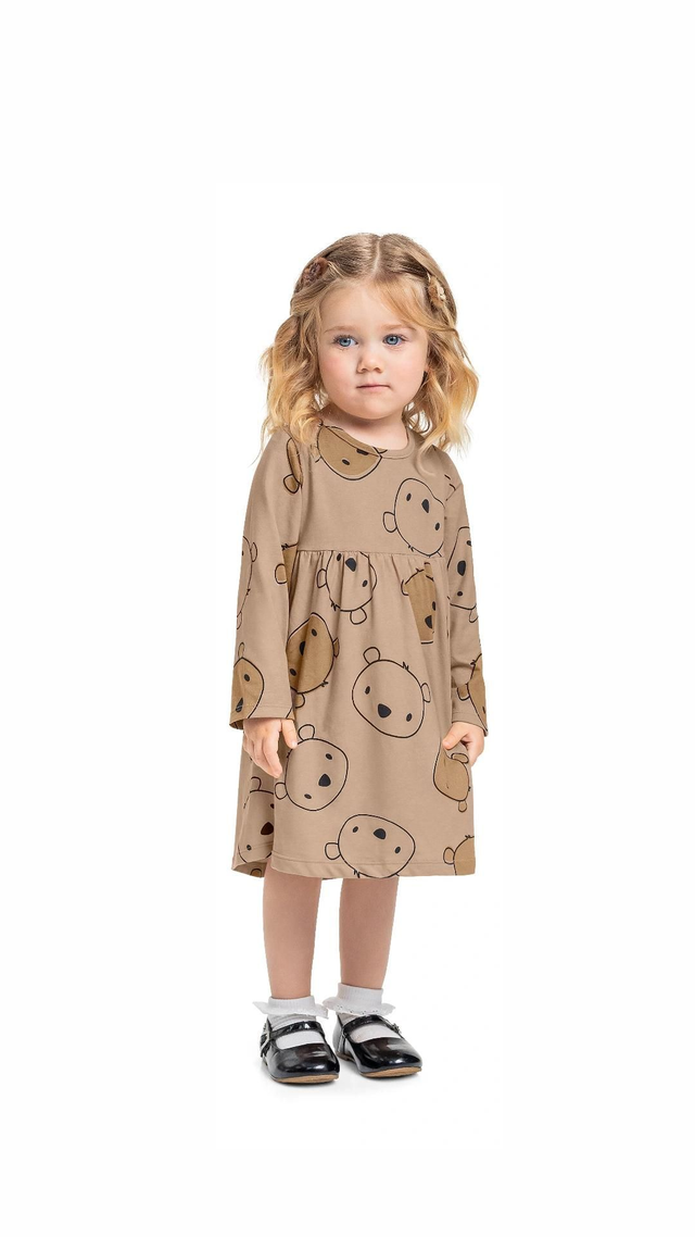 Vestido manga longa malha Ursinhos marrom 
