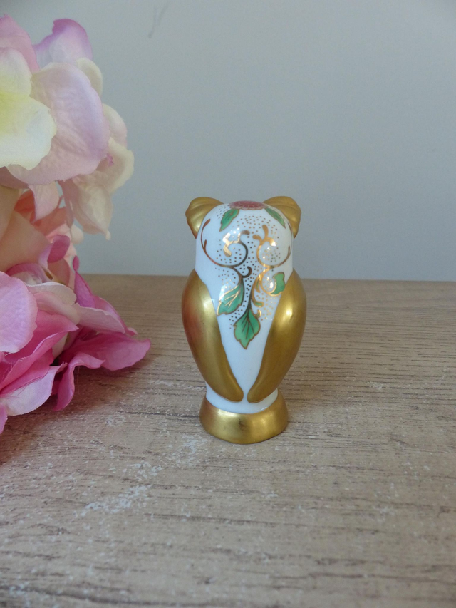 Rare figurine vintage hibou doré en porcelaine blanche décor fleuri, figurine miniature hibou Franklin Mint The Collectors Treasury of Owls