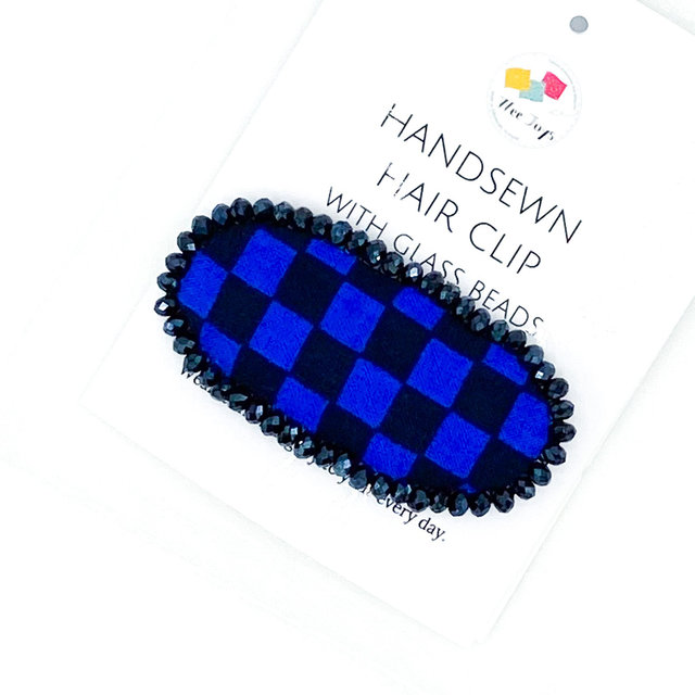 Hand-Sewn Statement Hair Clip - Blue and Black Checkerboard