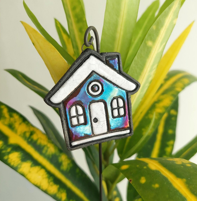 Ceramic House Plant Stake - Handmade Fairy Garden Decor - Raku Ornament Christmas
