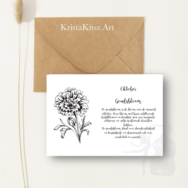 Ansichtkaart Oktober Goudsbloem met tekst | inclusief envelop of postkaart | zwart wit tekening illustratie