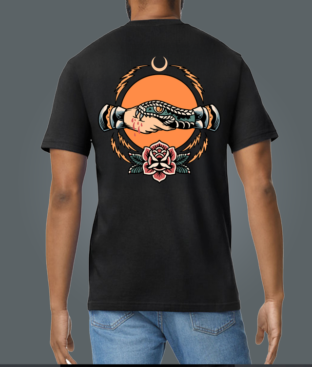 Traditional Tattoo Style Snake Hands Black Soft Spun Patterned T-Shirt