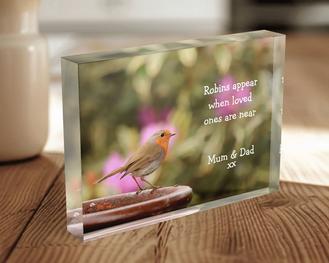 "Robins Appear When Loved Ones Are Near" Crystal Block