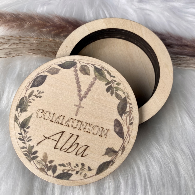 Boîte de Communion en Bois Personnalisée – Souvenir Religieux pour Bijoux | 3 Designs au Choix