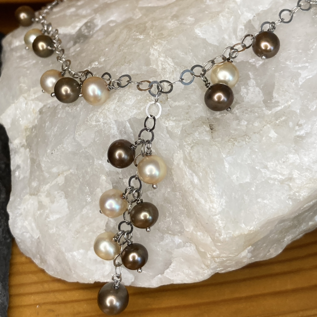Cream &amp; Brown Freshwater Pearl Lavaliere Necklace with Sterling Silver Links