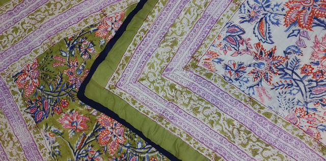 Édredon fait main en coton imprimé bloc - Plaid ou couvre-lit florale réversible - Vert, bleu, orange, rose, blanc