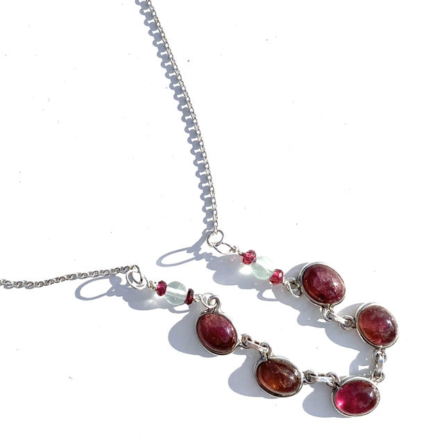 REMODELLED Cherry Quartz, Garnet &amp; Fluorite Sterling Silver Necklace