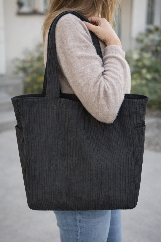 Sac cabas velours côtelé noir