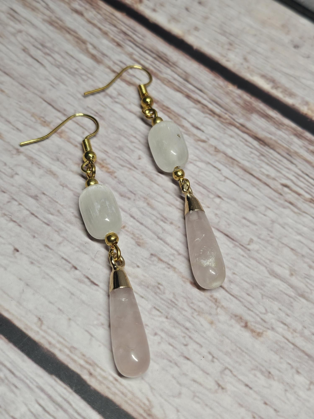 Boucles d’oreilles en Sélénite &amp; Quartz rose