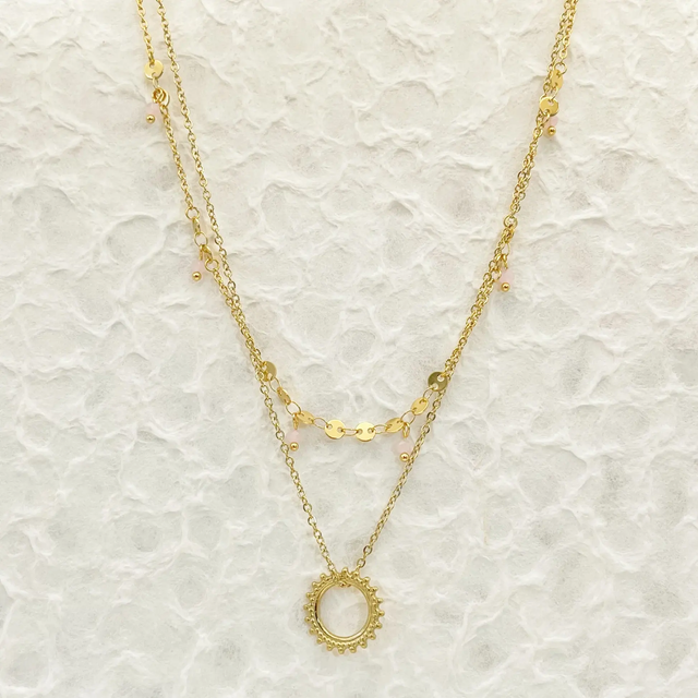 Collier double chaîne dorée avec pendentif soleil et cristaux roses