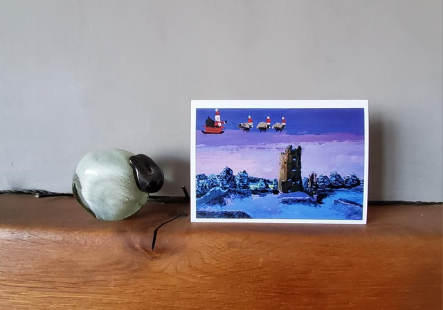 Father Christmas and his flying Sheep over Helmsley Castle. A6 card. 
