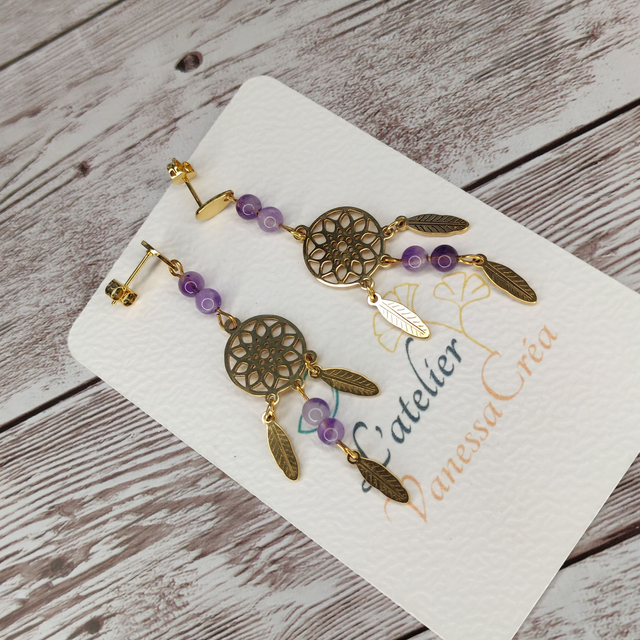 Boucles d'oreilles Attrape-rêves en Améthyste