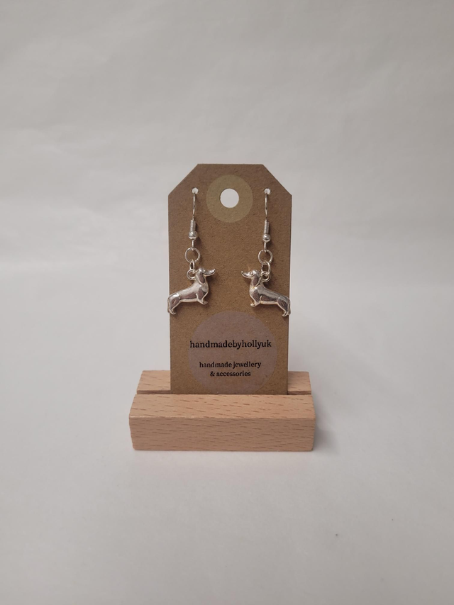 Dachshund Charm Drop Earrings - Silver Plated - HBH-025