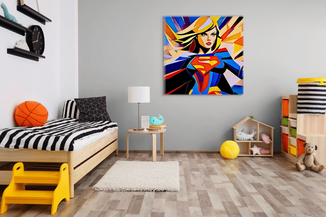 Canvas Wall Art, Supergirl, Superhero digital art, hand drawn, Colourful Comic book art, Wall Decor,