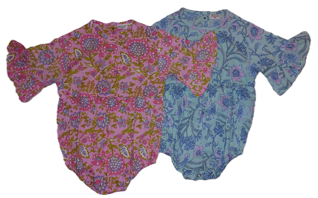 Combinaison barboteuse d&#039;été - Bébé fille 6-24 mois - Manches - Coton indien léger - Motif floral coloré - Rose ou vert